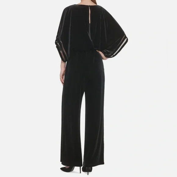 Jessica Howard Womens Black Velvet Wide-Leg Jumpsuit Size L - Picture 2 of 11